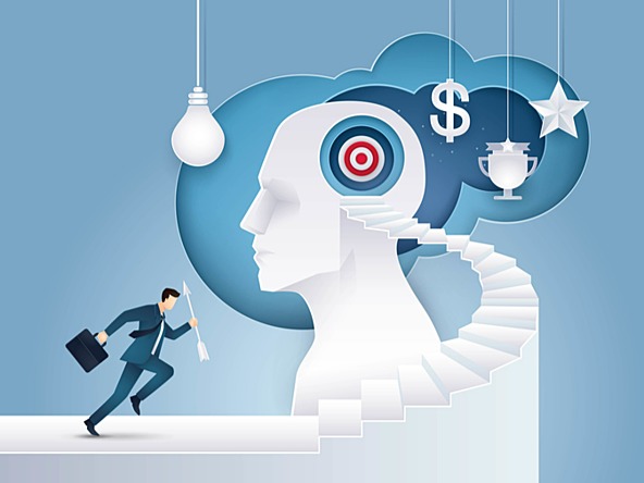 Businessman with an arrow, running up a flight of stairs to the bust of a human head with a target, indicating how brands interact with consumers